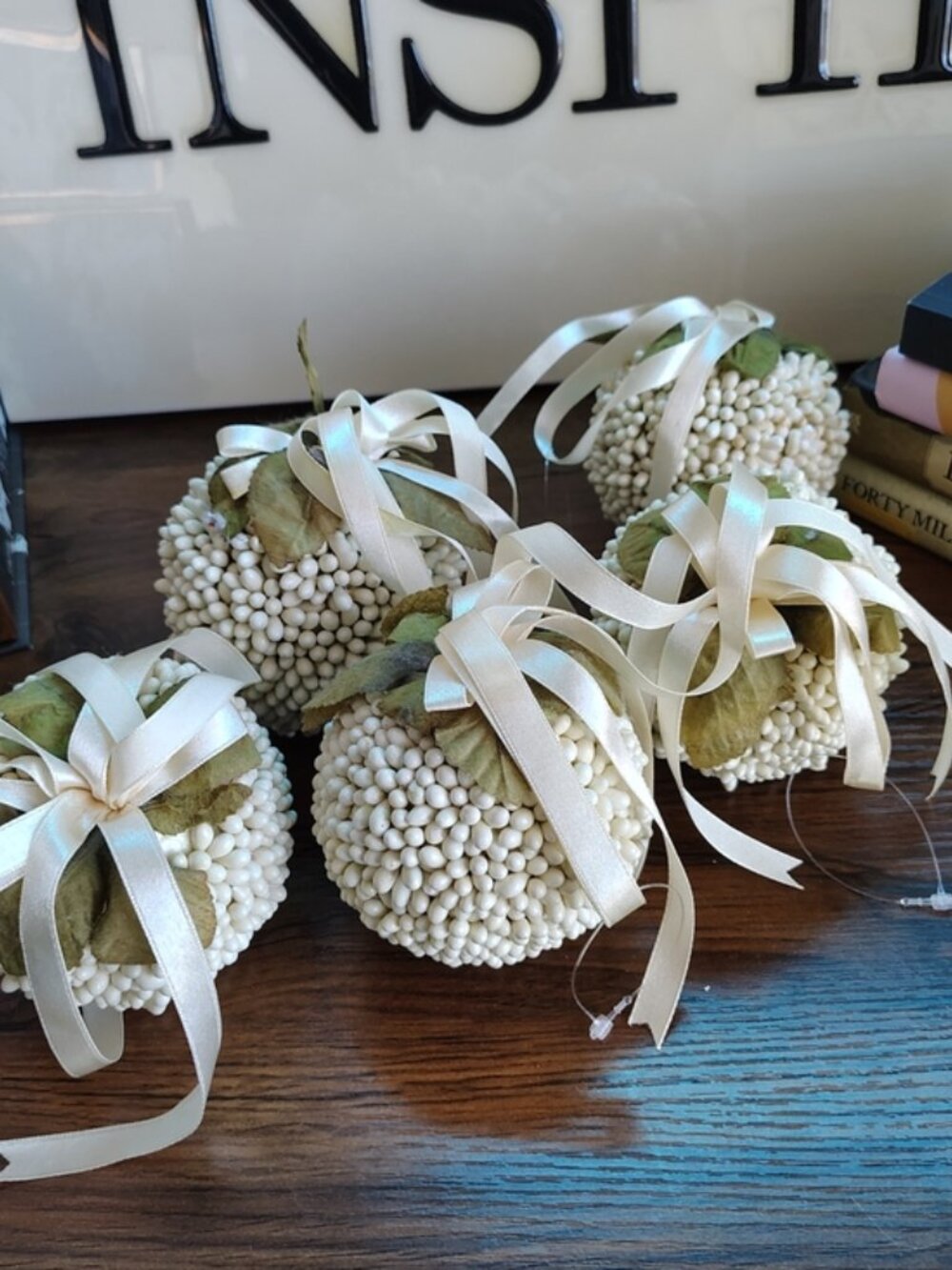 Set of 5 Off White Decorative Ball Ornaments Satin Bow Home Decor
